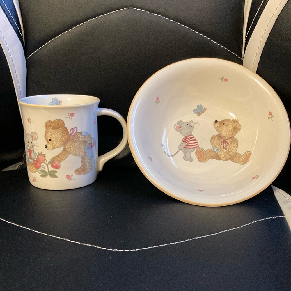 Vintage Mikasa Teddy and Mouse mug and bowl set.